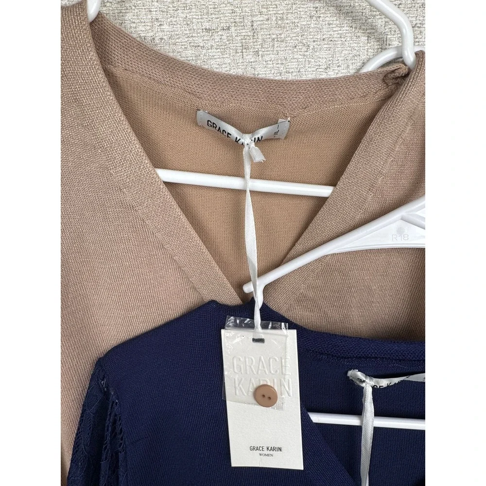 Grace Karin Cardigan Bundle XL Lace Sleeve Camel & Indigo NWT Lot of 2 Sweater